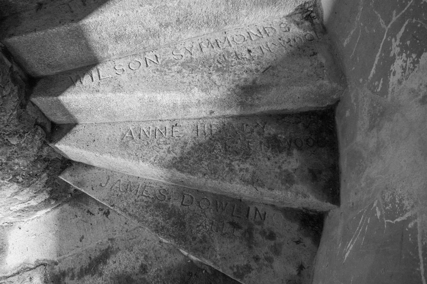 Three stone steps inscribed with the names James Dowling, Anne Healy, and Wilson Simmonds
